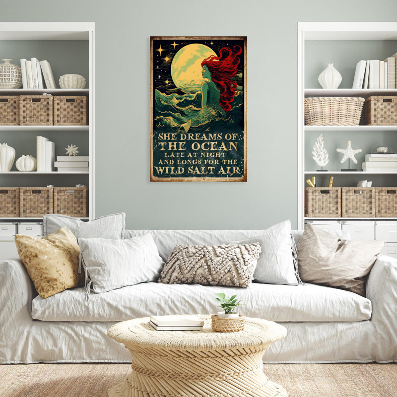 «Mermaid She Dreams Of The Ocean», reproduction d'art graphique sur toile tendue 1 pièce, H 36 po x l 24 po x P 1,25 po