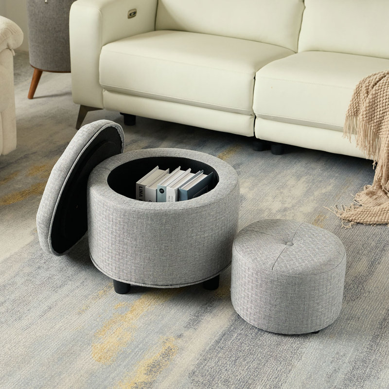 2 Piece Tufted Round Storage Footstool Ottoman Set, Grey