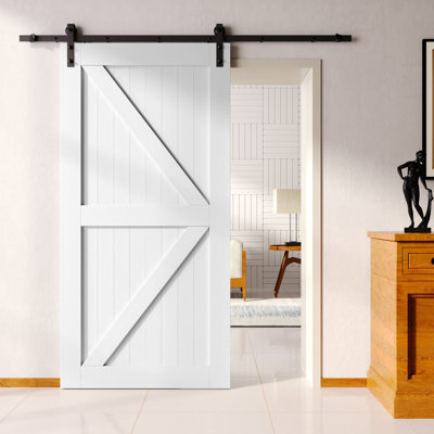Homacer White Unassembled & Finished K Design Barn Door with Single Door Non-Bypass Installation Hardware Kit, interior use only