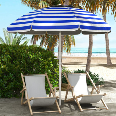 Parasol portatif de 40 ans et plus, réglable et inclinable, 2 crochets pour porte-gobelet, auvent à rayures bleu blanc et abri protégé et abri protégé, parasol ventilé
