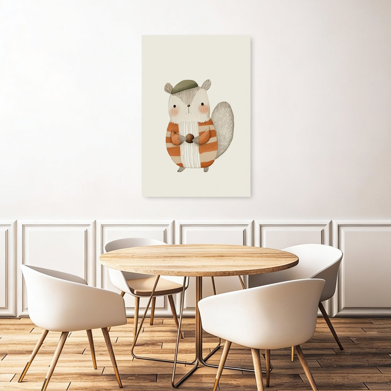 Charmant écureuil avec écrou, paysage contemporain de forêt écureuil, reproduction d'art mural, H 48 po x l 32 po