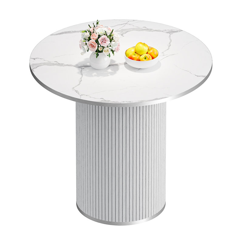Modern 31.5" fluted round dining table with a silver outline, White
