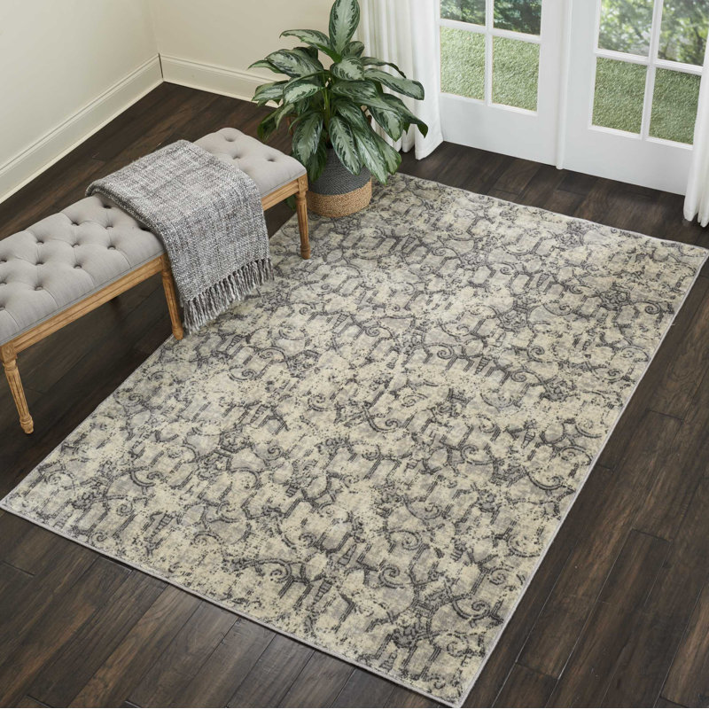 Tapis ivoire/gris tissé à la machine Gerald, Rectangle 3 pi 6 po x 5 pi 6 po