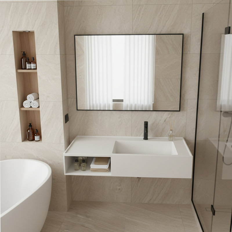 CASAINC Wall Mounted Solid Surface Stone Bathroom Sink with Open Storage Shelf
