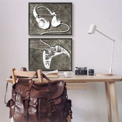 Kids' Entertainment Accessories Rustic Headphones Video Game Controller 2Pc Black Oversized Framed Giclee Texturized Art Set By Daphne Polselli -  Stupell Industries, a2-256_fr_2pc_24x30