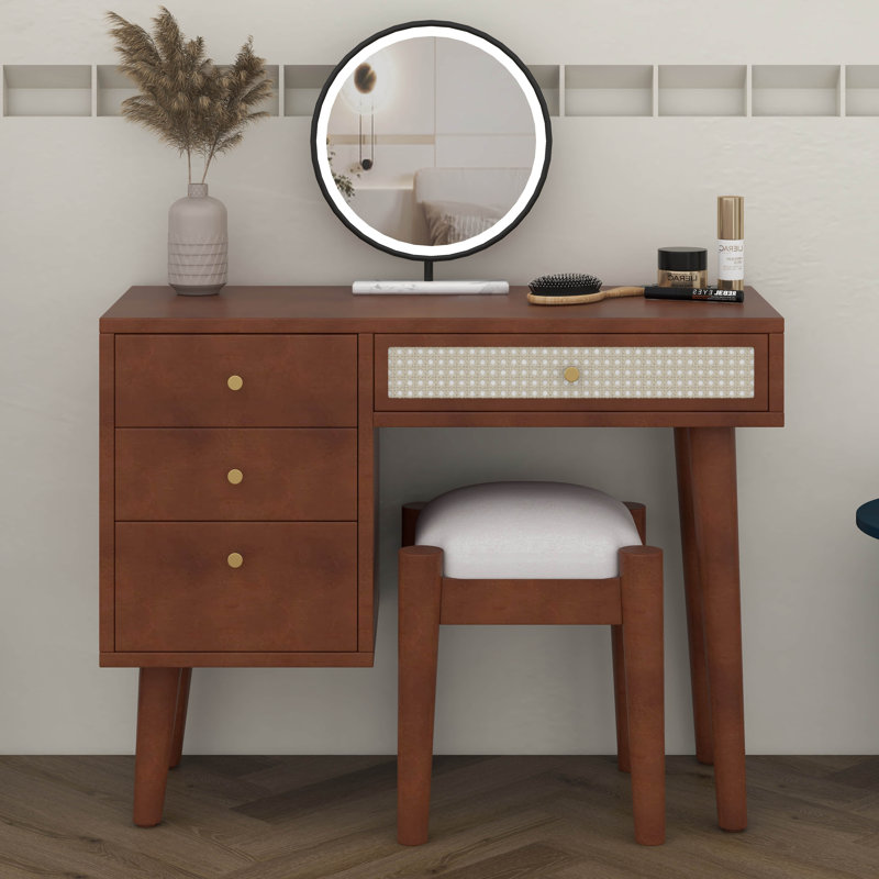 39" Makeup Vanity Desk With Stool, Bohemian Dressing Table Set With Rattan Drawer & Charging Plug, USB Port, Dressing Table