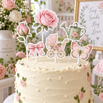 Ensemble de 6 décorations pour gâteau « Petit bouton de rose », décorations pour fête de naissance, en carton.