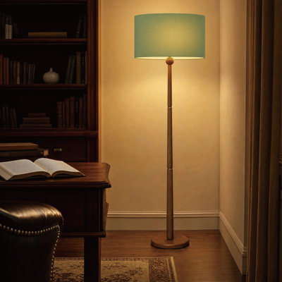 Lampadaire rétro de 165 cm en noyer massif avec pied segmenté sculpté et abat-jour cylindrique en lin vert, certifié UL pour salon, chambre, bureau ou espace de travail à domicile