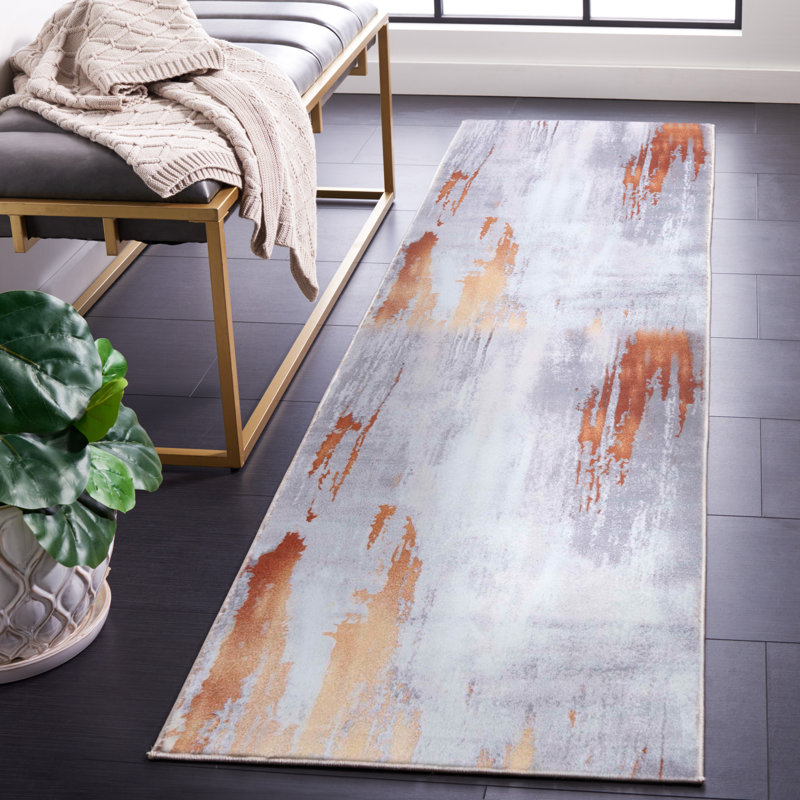 Tapis abstrait gris / rouille Omaree, Tapis de couloir 2 pi 6 po x 8 pi