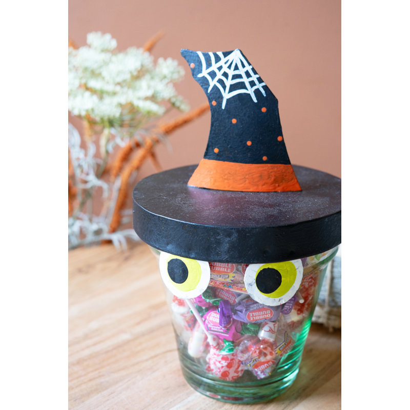  Chapeau de sorcière en métal peint avec pot de fleurs en verre