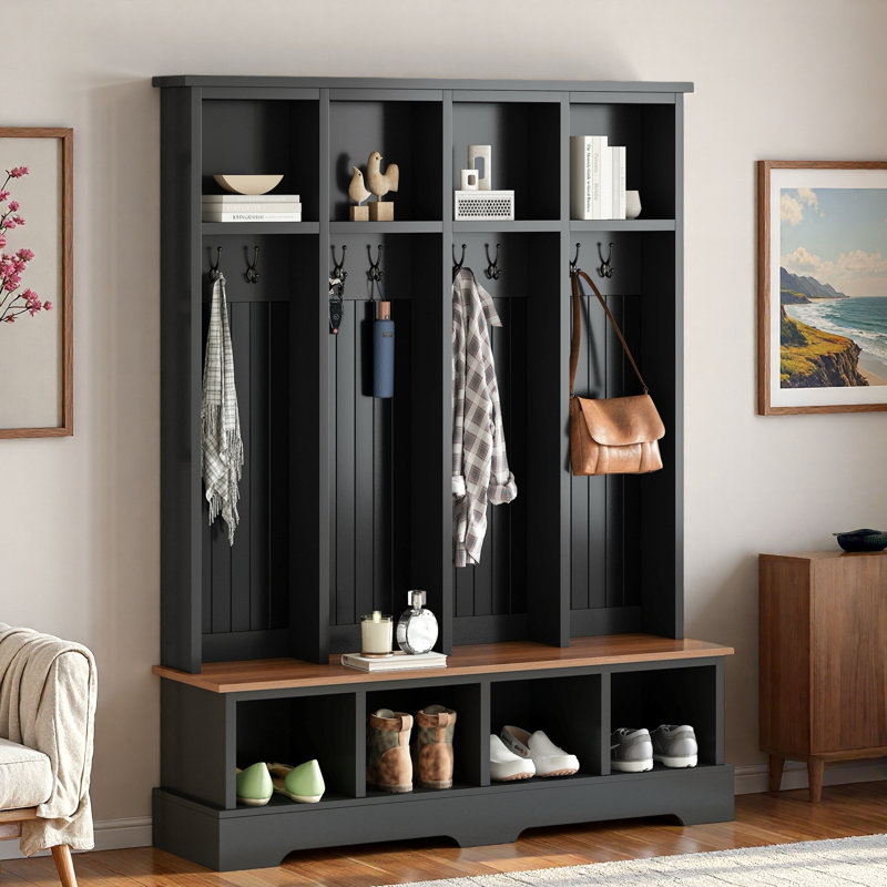 Farmhouse Wide Hall Tree With 8 Hooks, Bench And Open Compartments, Black