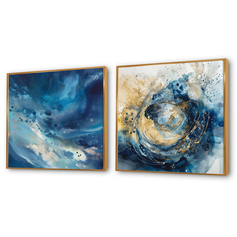 Encre liquide bleue captivante - ensemble de 2 collages carrés abstraits en marbre, Cadre flottant doré, H 36 po x l 73 po