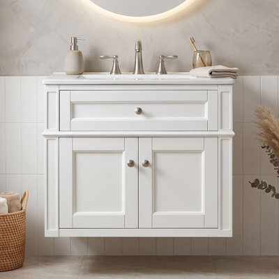 Meuble-lavabo mural avec lavabo en céramique et portes à fermeture amortie