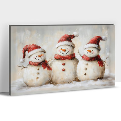  Art mural de Noël sur toile, photos de bonhomme de neige d'hiver, décoration murale de chapeau de père Noël festif, peinture suspendue décorations rouges douillettes, œuvre d'art sur toile pour le salon, la chambre à coucher, l'espace pour enfants, 32 po x 48 po