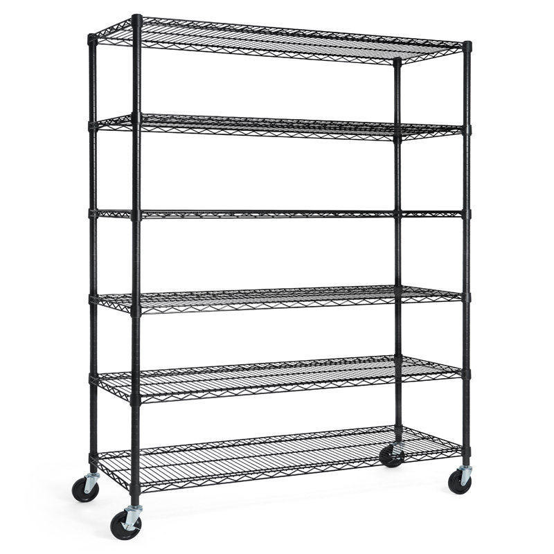 Étagère grillagée commerciale NSF à 6 niveaux avec roues et pieds de nivellement, noir 48 po x 18 po x 76 po, 6
