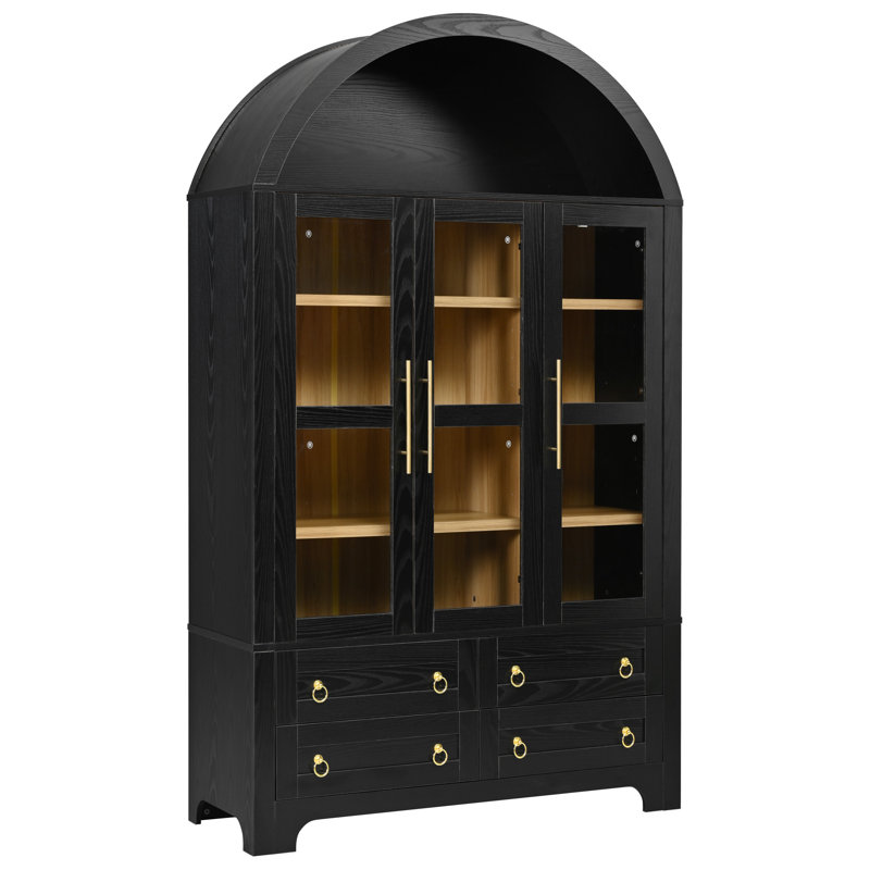 Grand garde-manger avec portes, 4 tiroirs, poignées dorées et tablettes réglables, Black