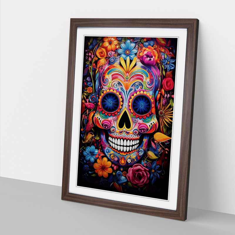 Sugar Skull Expressionism - Single Picture Frame Print on Wood, 46cm H x 34cm W x 2cm D, Walnut