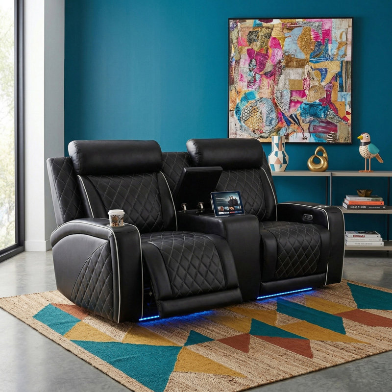 Causeuse inclinable en cuir érable et cuir noir avec porte-gobelets et lumières DEL