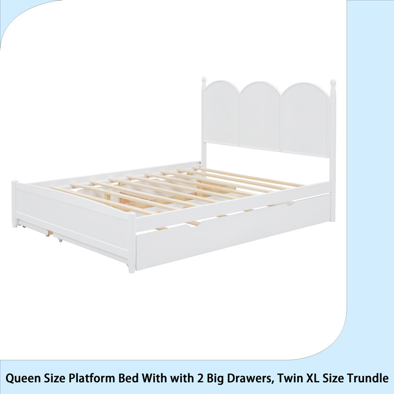 Grand lit plateforme avec 2 grands tiroirs, lit gigogne simple TG, blanc, Blanc