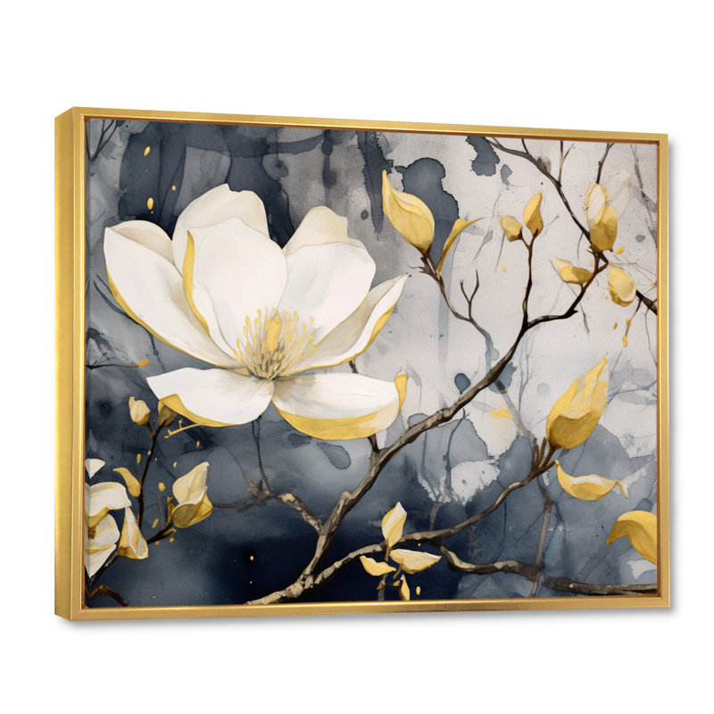 Jaune jaune, gris, magnolia, nature, élégance III - art mural sur toile florale, H 24 po x l 32 po x P 1 po