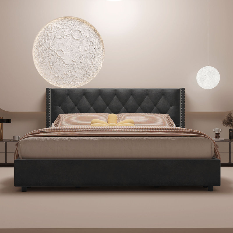 Better Home Products Izayah Velvet Upholstered Bed with 4 Storage Drawers, King, Black