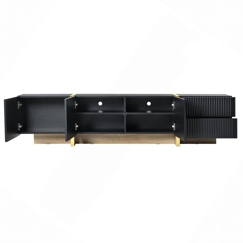 Meuble télé de luxe cannelé pour téléviseur de 80 po ou moins, centre de divertissement moderne avec armoires et tiroirs de rangement, console multimédia lisse avec pieds en grain de bois doré pour le salon
