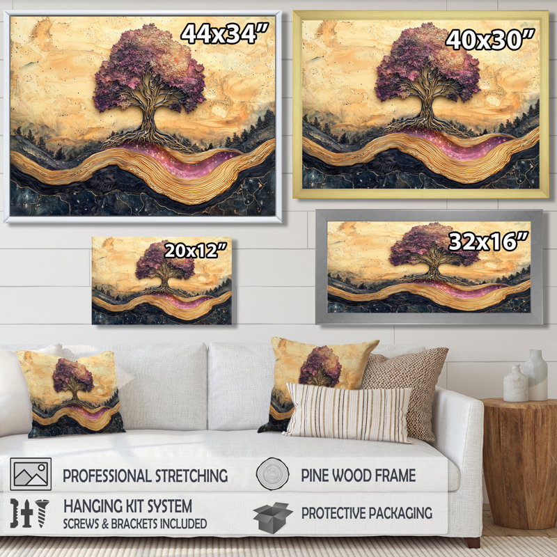 Burgendy, arbre de vie sur pierre, rivière I - Art mural encadré arbre de vie, H 30 po x l 40 po, Crème, crème