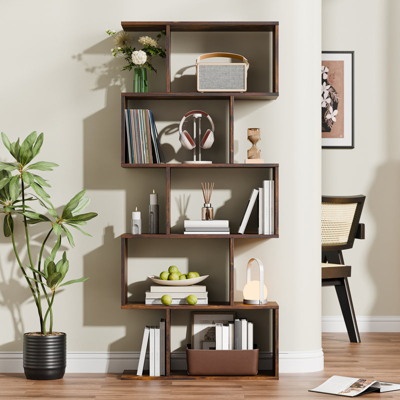 62" H Geometric Bookcase S-shaped 5-tier Room Divider, Brown