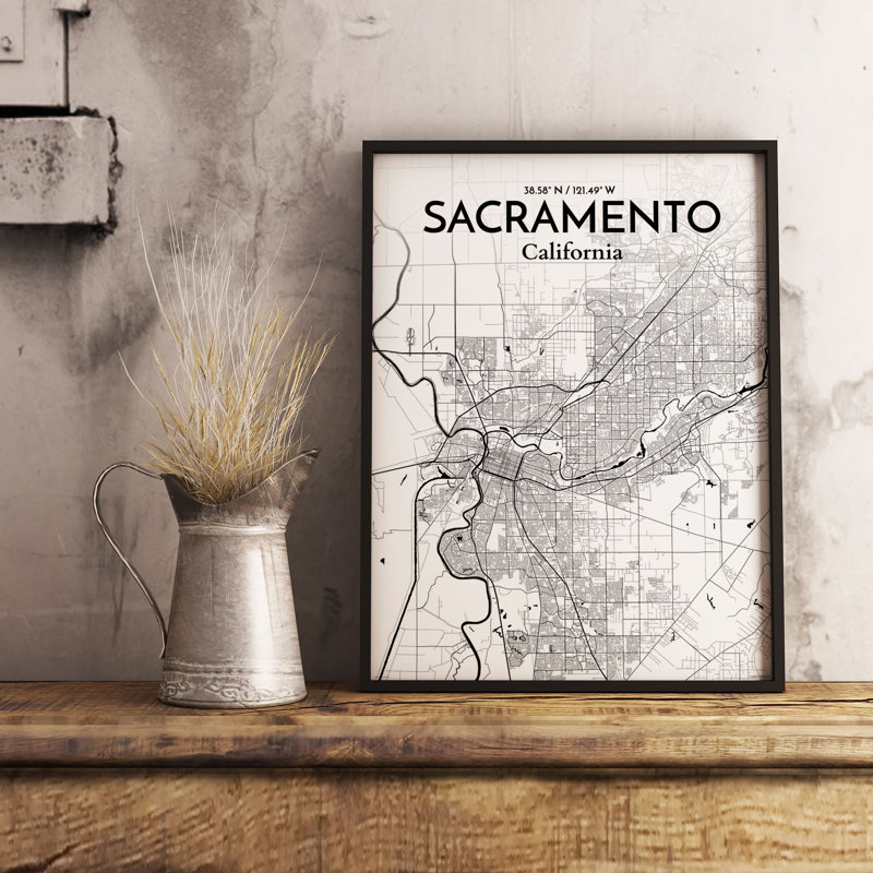«Sacramento City Map», reproduction d'impression à l'encre / blanc, H 17 po x l 11 po