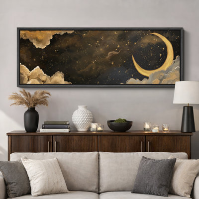 «Moody Yellow Crescent Moon Night Clouds Home Decor Extra Large», reproduction d'art sur toile encadrée