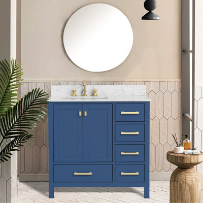 Meuble-lavabo de 36 po, armoire de rangement en bois massif, comptoir de meuble-lavabo autoportant avec lavabo bleu