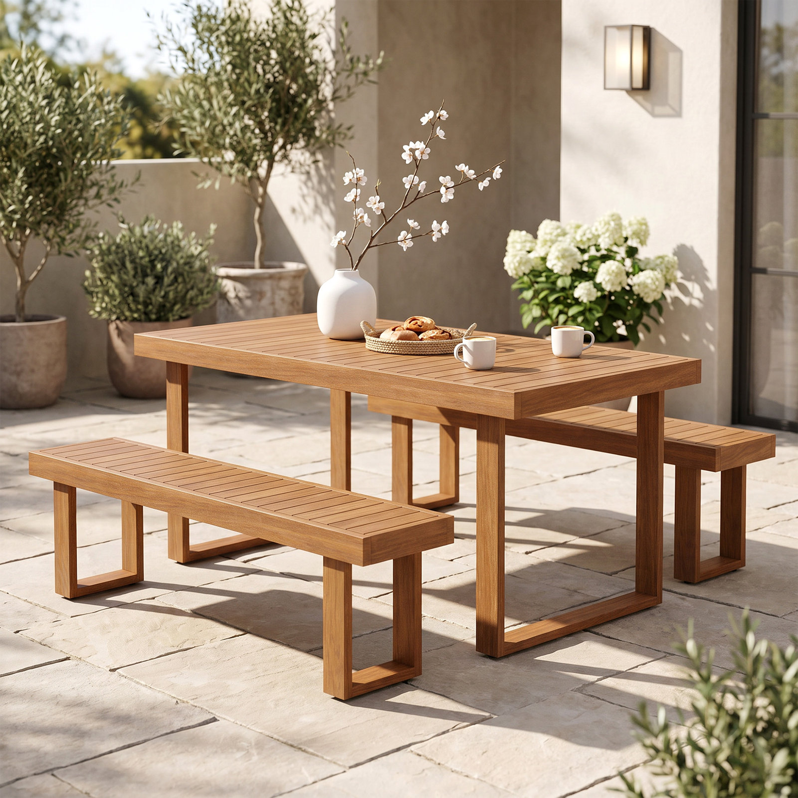 Mirella Acacia Outdoor Dining Set, 3 Pieces: Table, 2 Benches