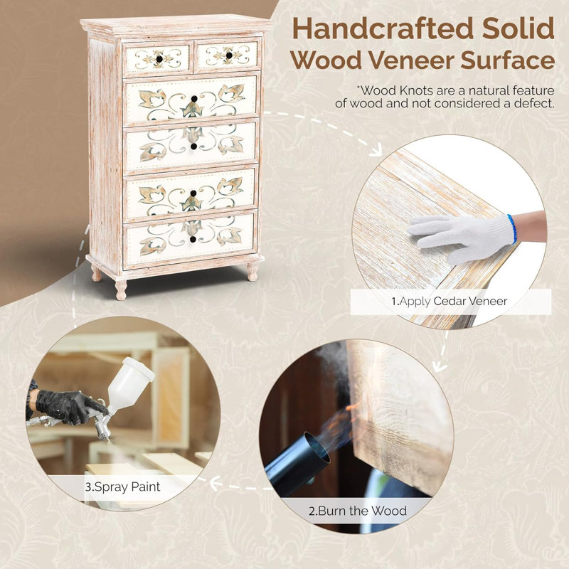 Wash White Embossed P2 MDF With Solid Wood Legs Six-Drawer Cabinet