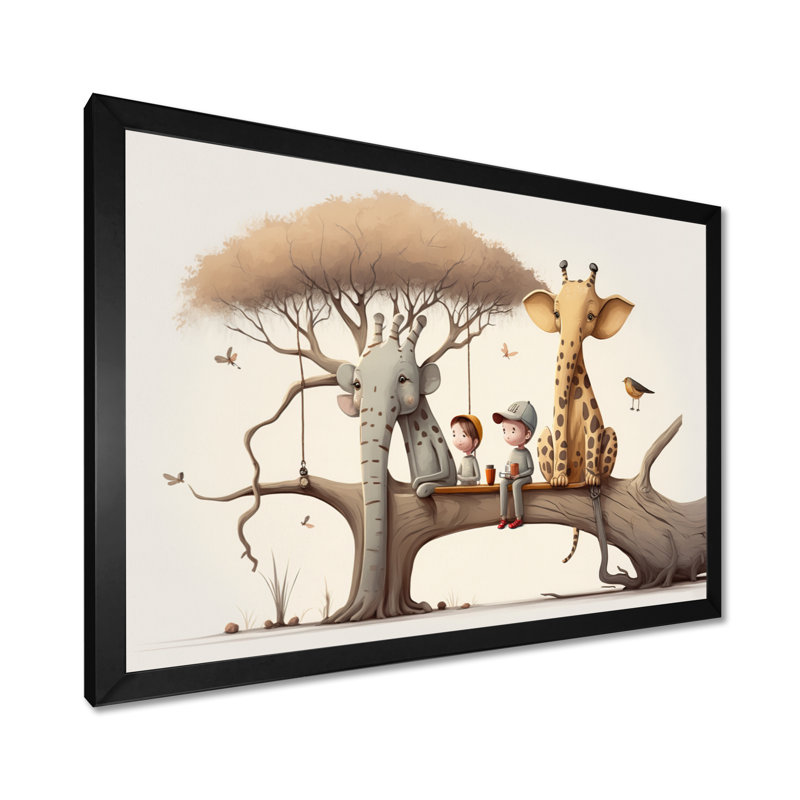 Girafe et éléphant avec enfants - décoration murale éléphant, H 24 po x l 32 po, Cadre photo unique, Noir