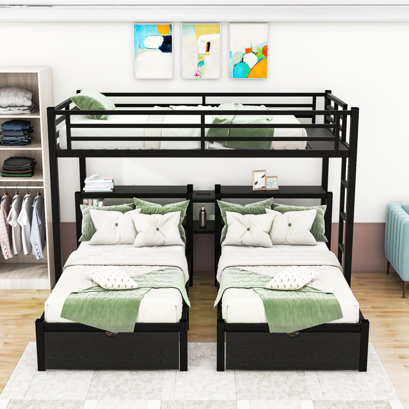 Full XL Over Twin & Twin Triple Bunk Bed with Drawers and Shelves