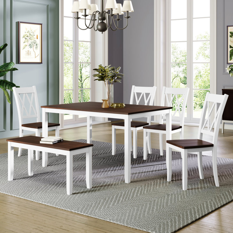 Ensemble de table de cuisine en bois 6 pièces, ensemble de table de salle à manger rustique rustique avec 4 chaises à dossier croisé et banc (ensemble de salle à manger)
