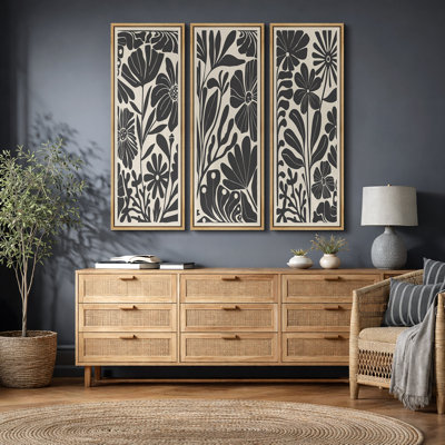Abstract Botanical " Mid-Century Modern Boho Floral Artwork Above Sofa, Bold Black And White Living Room Pictures, 3 Pieces Giclée Canvas Digital Print Framed Wall Art "