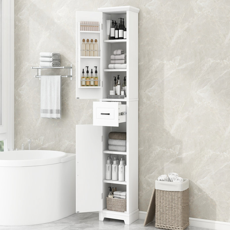 Grande armoire de rangement pour salle de bain avec tablettes réglables, conception autoportante, deux portes et tablette de porte, panneau de fibres à densité moyenne avec finition peinte, blanc