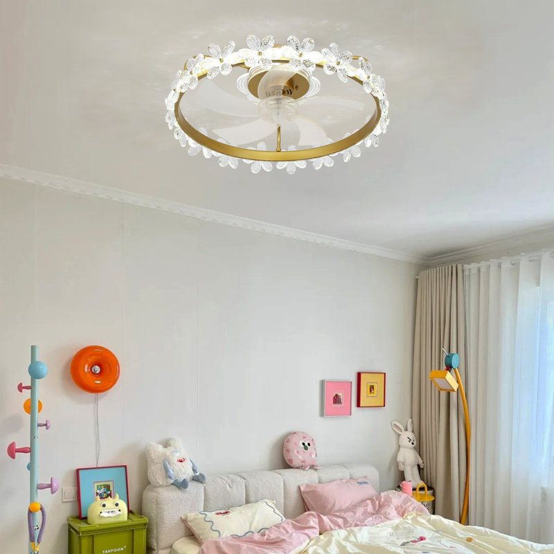 Ventilateur de plafond moderne encastré de 50 cm (20 po) avec cristal, lumière DEL et contrôle à distance par application, moteur CC à 6 vitesses, profil bas, pour chambre à coucher