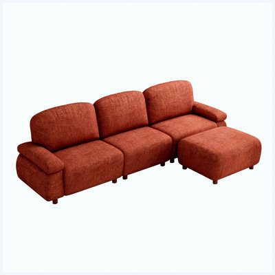 111" Dark Orange Chenille Upholstered L-Shaped Modular Sectional Sofa with Removable Ottoman