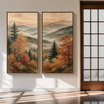 «Autumn Mountain Woodland Landscape with Golden Foliage and Misty Hills», art mural pour le couloir d'entrée de bureau de chambre à coucher - ensemble de 2 reproductions d'art encadrées sur toile 60 po x 20 po x 2 po, 60 po x 30 po x 2 po