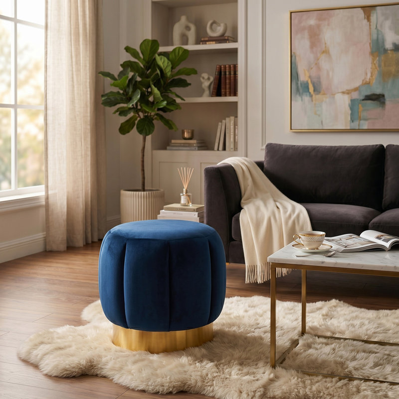 Jayah Upholstered Ottoman, Navy Velvet