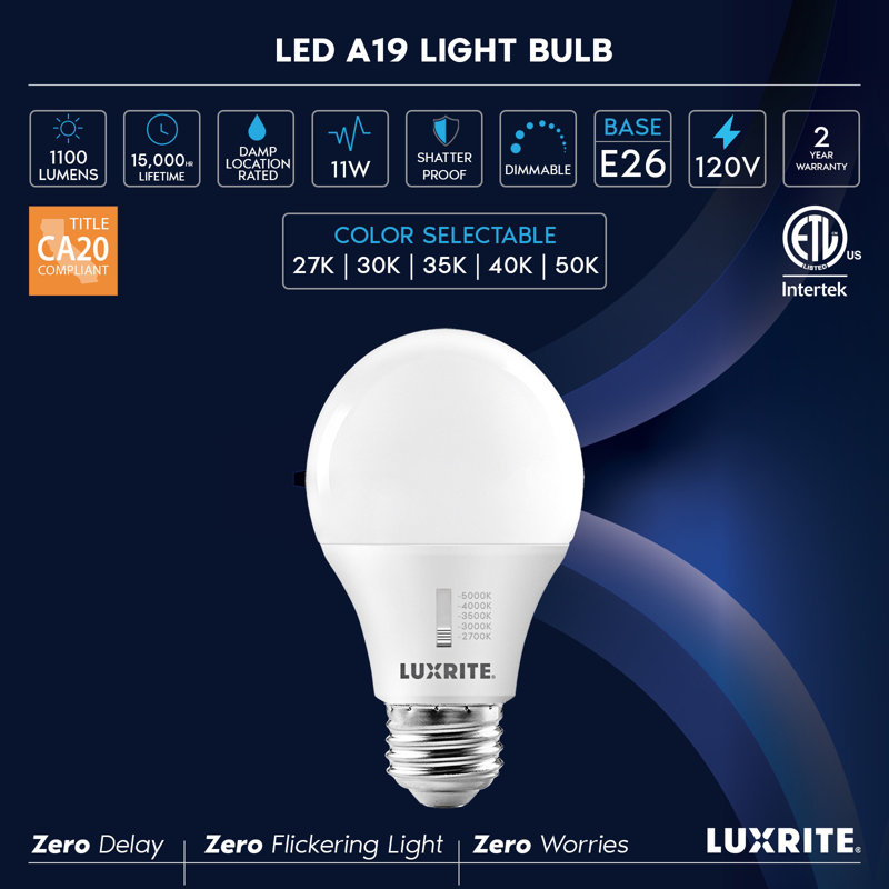 Ampoule DEL Luxrite A19 100W CRI90, 5CCT sélectionnable 2700K-5000K, à intensité variable, ampoules DEL standard, titre E26 CA20, ETL énuméré