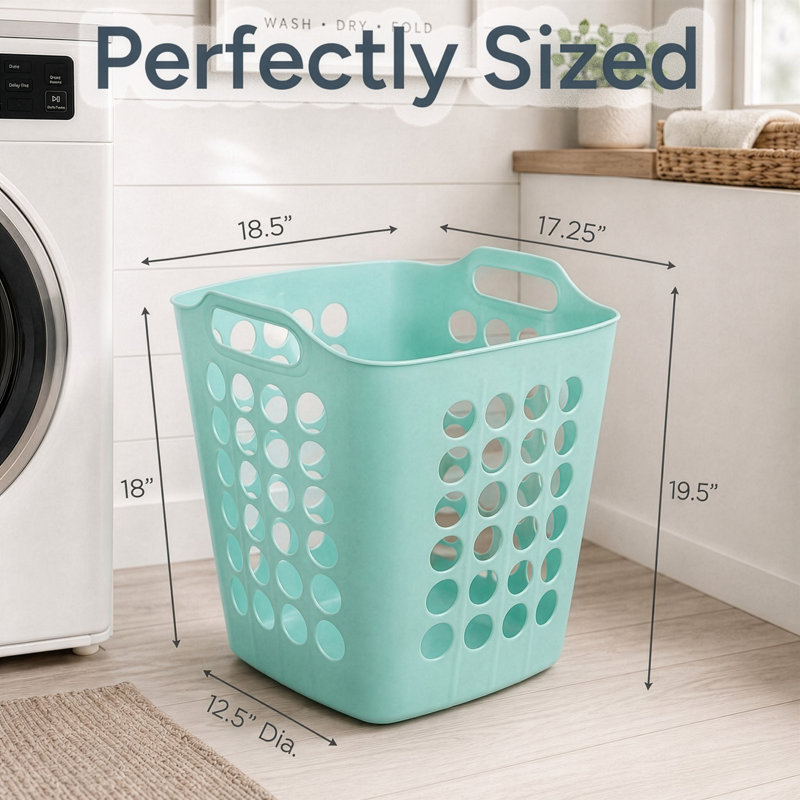 Basicwise Set of 3 Large Flexible Plastic Laundry Baskets with Handles Lightweight & Spacious Design Durable Household Clothes Storage Solution Portable Organizer for Modern Home Organization, Green