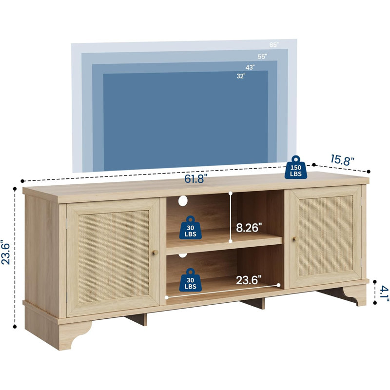 Ensemble de table de salon de 2, meuble télé en rotin de 62 po convenant à un meuble télé de 65 po + table basse à 2 niveaux, rangement de chambre en chêne clair