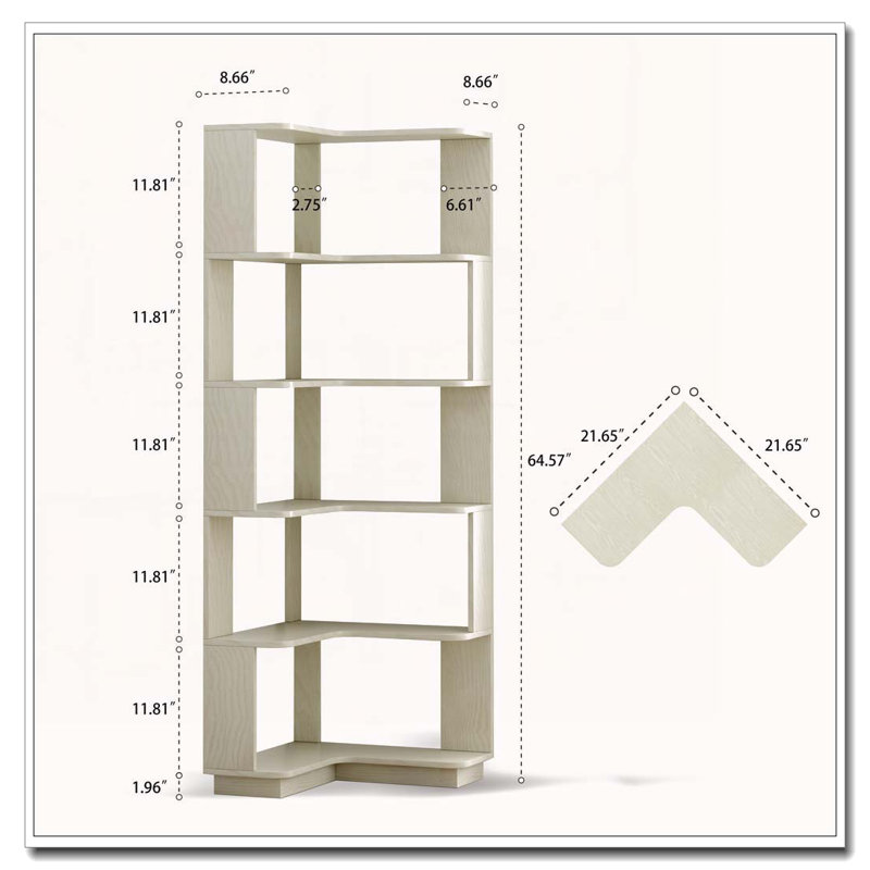6 Tier Freestanding L-Shaped Corner Bookshelf For Living Room, White Oak