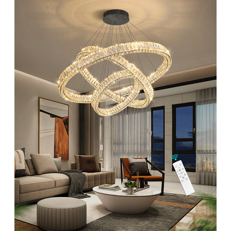 Large Dimmable Chandelier Led Crystal Rings, Matte Black, 78" H x 31.4" W x 31.4" D