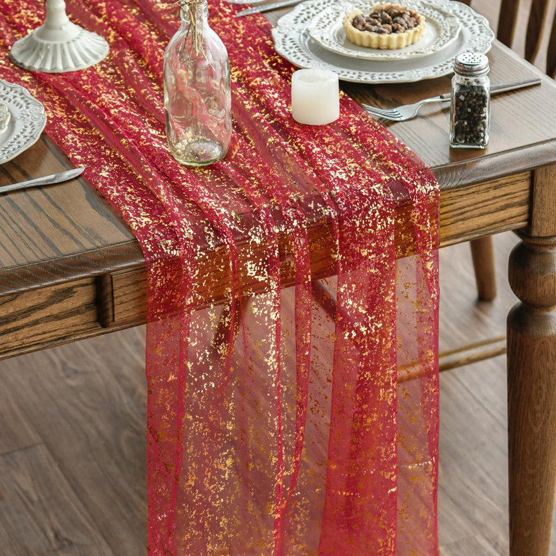Chemin de table en gaze rouge et or, 305 cm (120 pouces), ensemble de 10 pouces, avec paillettes métalliques transparentes, idéal pour décorer une table lors d'un repas, d'un mariage, d'un anniversaire ou d'une fête à la maison.