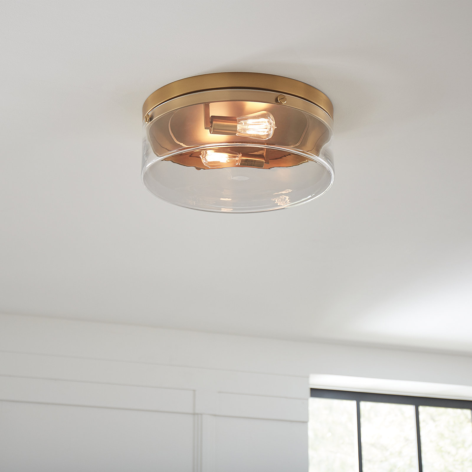 2 Light Glass Flush Mount, Burnished Brass