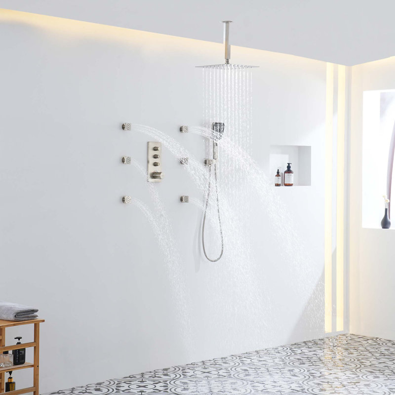 Système de douche thermostatique à 3 fonctions 12 po avec pomme de douche carrée, Nickel brossé